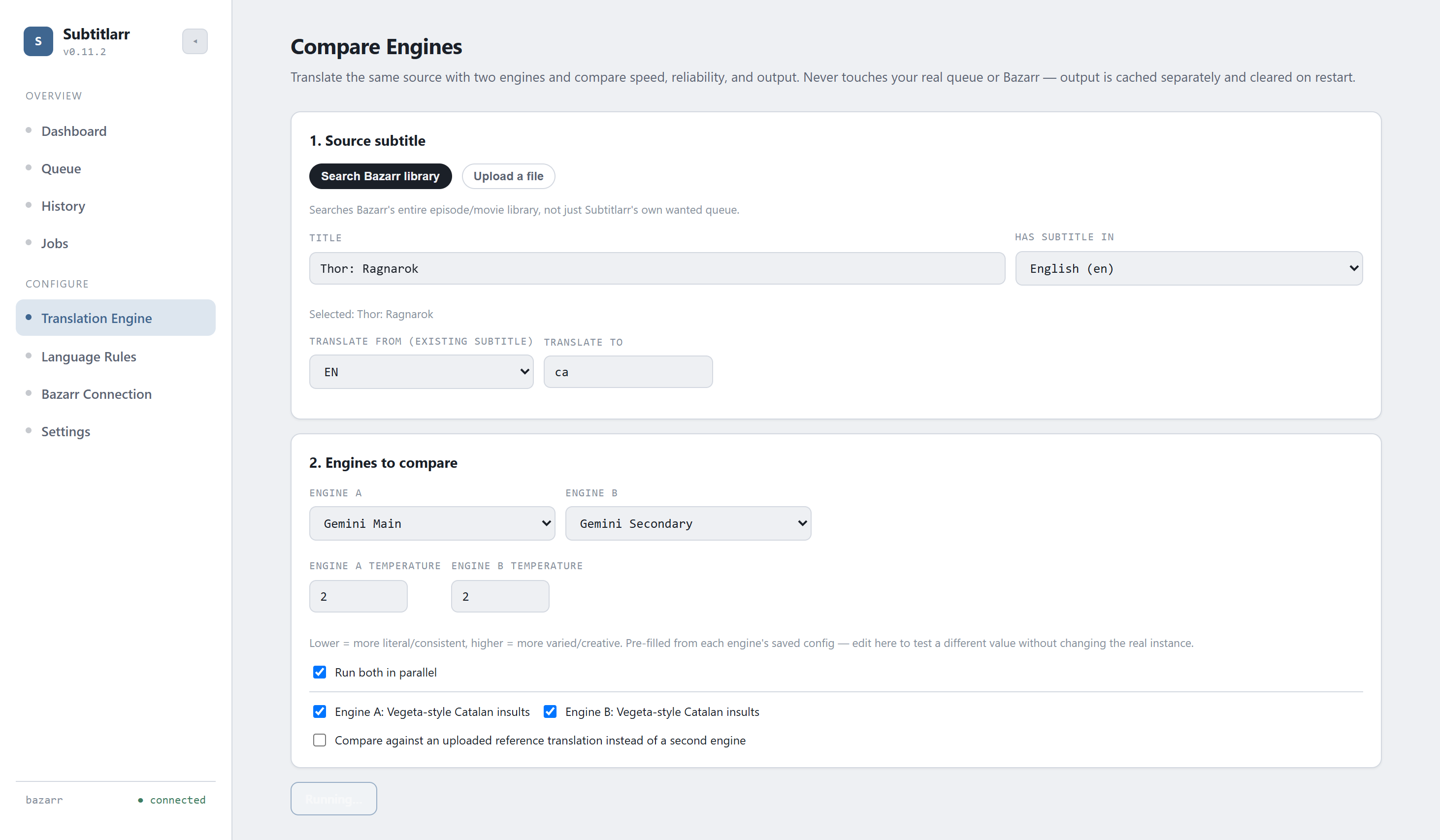 Subtitlarr Compare Engines page showing source selection and two engine instances configured side by side