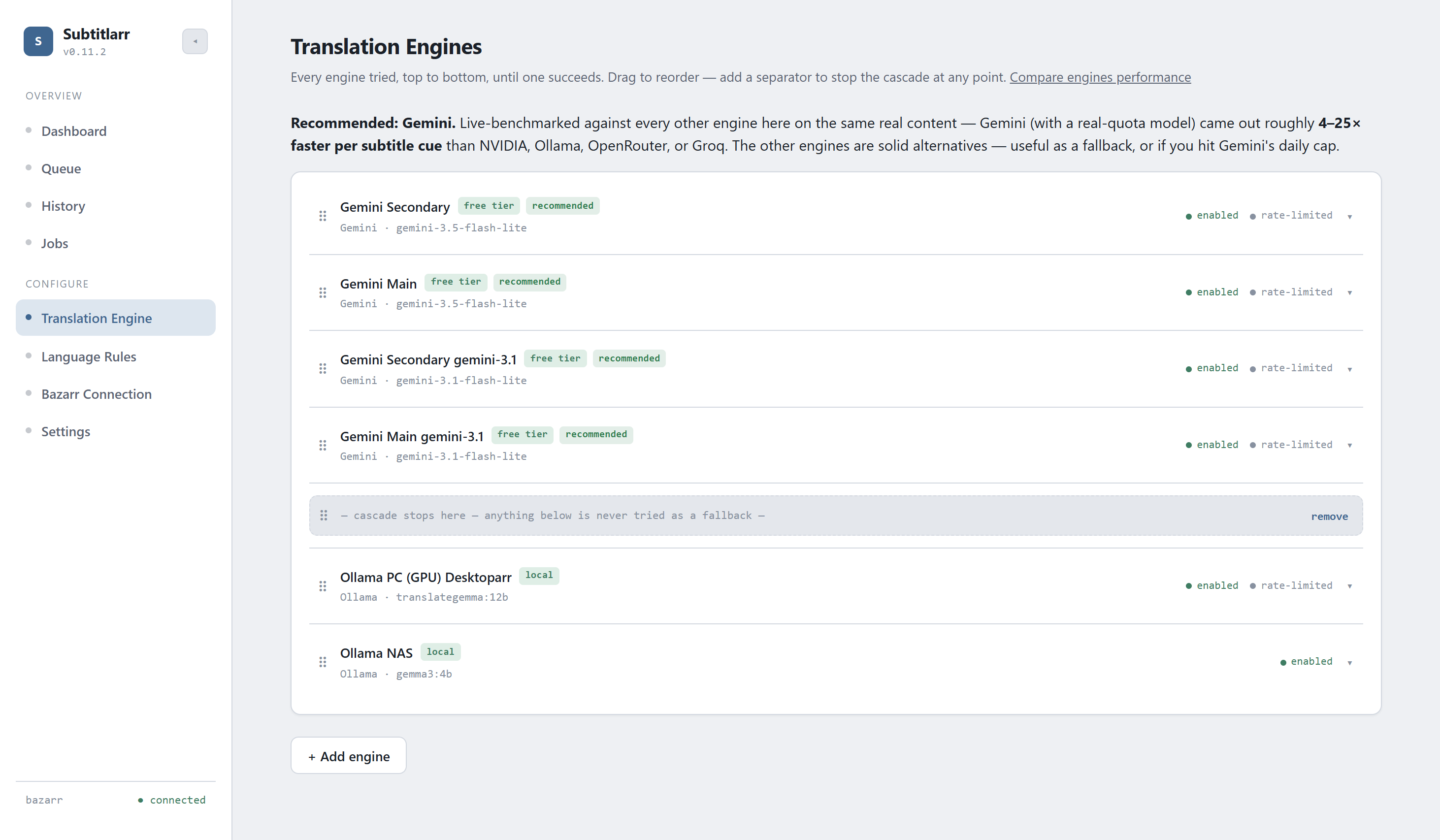 Subtitlarr Translation Engines page showing an ordered cascade with separators