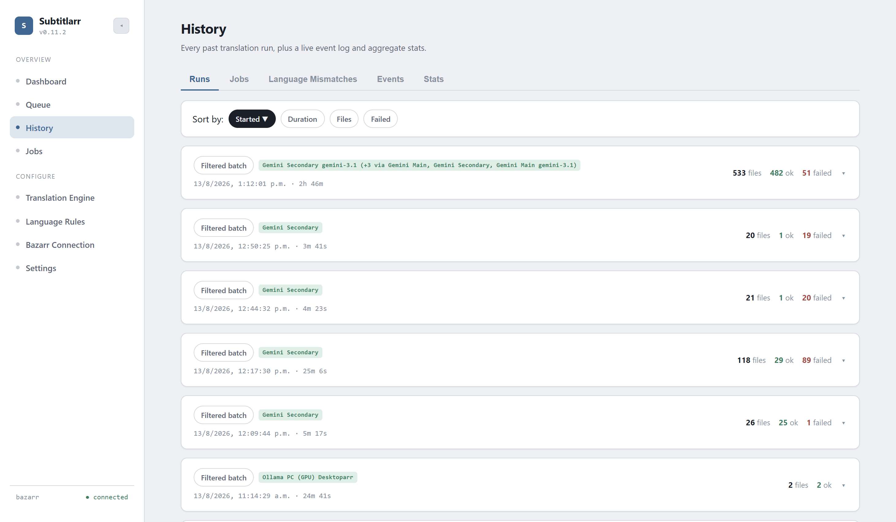 Subtitlarr History page showing past runs with per-run stats