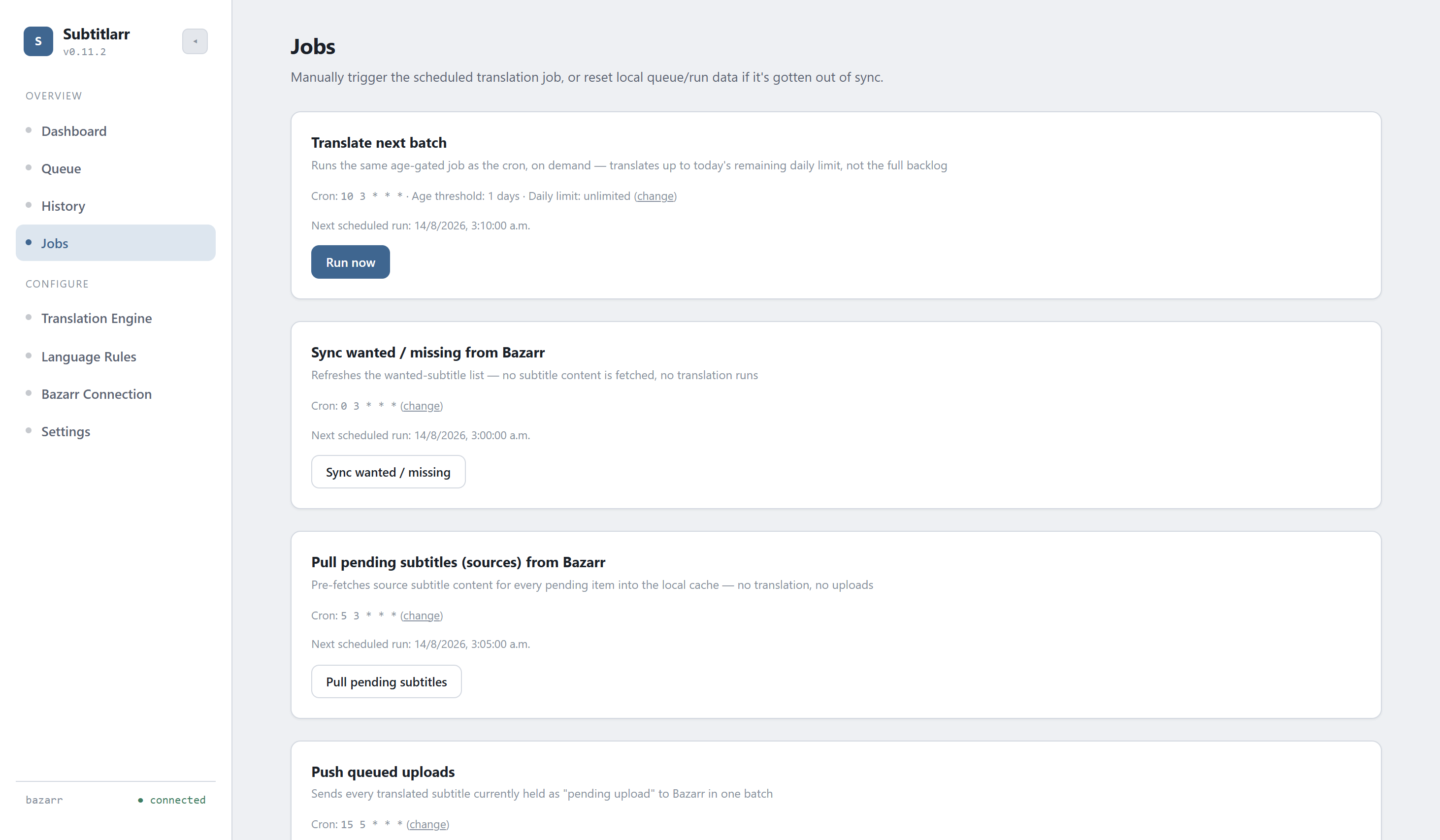 Subtitlarr Jobs page with manual triggers for scheduled and sync jobs