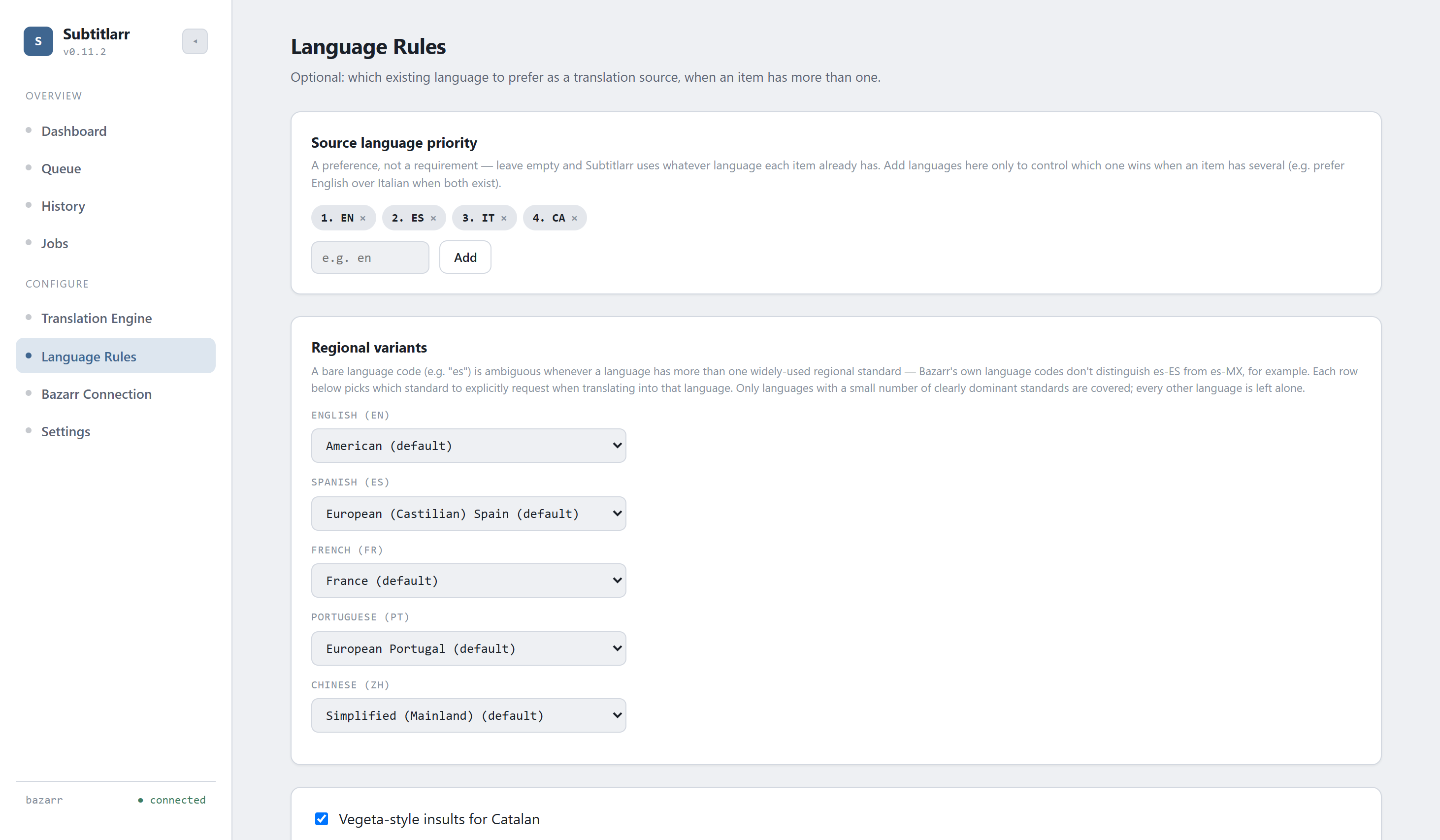 Subtitlarr Language Rules page showing regional variant dropdowns for Spanish, Portuguese, English, French, and Chinese